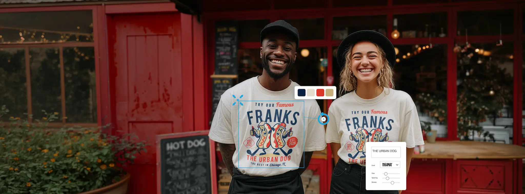 Two people wearing custom printed T-shirts